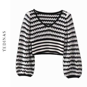 Yedinas Sexy V-neck Striped Pullover Knit Tops Autumn Crop Top Sweater Women Korean Style Off Shoulder Jumper Chic Ladies 210527