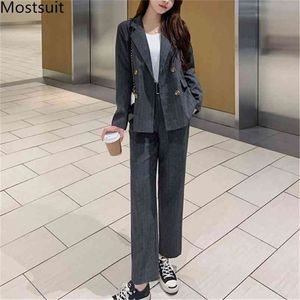韓国オフィス2ピーススーツセット女性春ダブルブレイザーブレザー+パンツ衣装ワークウェアファッション女性210513