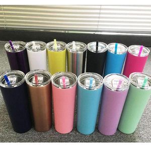 20 uncji stali nierdzewnej Skinny Tumbler z pokrywką słomy 600ml Slim kubek Wino Kumberlery Kubki Double Wall Próżniowa izolowana butelka wody