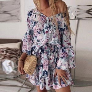 Kvinnors badkläder Kvinnaklänningar Ankomst 2021 Långärmad blommig mini Swing Dress Summer Holiday Beach Ruffle Frill Sundress Vestido de Mujer