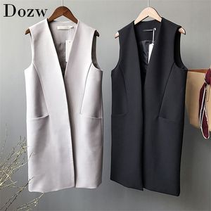 Women Solid Long Blazer Vest Eleagnt Office Wear Cardigan Coat Female Waistcoat Casual Sleeveless Jacket With Pockets 210515