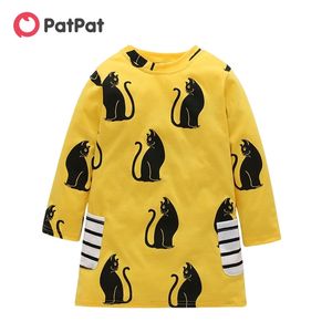 Spring and Autumn Cute Cat Print Striped Pockets Long-sleeve Dress for Toddler Girl Children's Clothing 210528