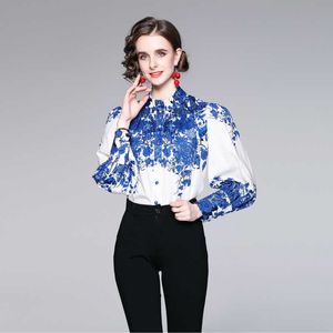 Женщины летний дизайнер элегантный синий цветочный принт блузкой рубашка сексуальный фонарик рукав повседневная винтажная офисная работа носить рубашки вершины 210525