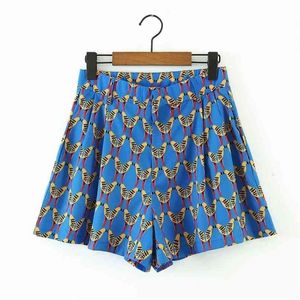 kvinnor avslappnad strand stil vild fågel print za blå shorts sommar chic lady mode hög midja dragkedja löst kort byxor kostym 210724