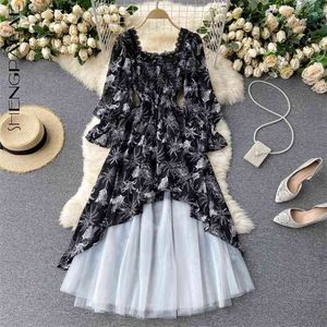 Mesh Patchwork Printed Dress Women's Summer Square Collar Elastic Waist Long Sleeve Mid-Claf Eveing ​​Dresses 210427