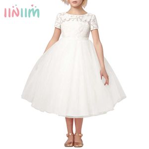 iiniim flor meninas vestido branco marfim real vestidos festa princesa vestido pequeno crianças vestido de coração oco para casamento q0716