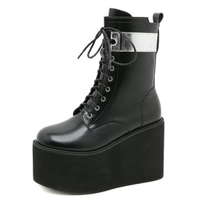 Stiefel Frauen Gothic Plattform Knöchel Herbst Frau Punk Lace Up Wedges Damen Chunky Heels Weibliche Schwarz Feste Schuhe Plus Größe