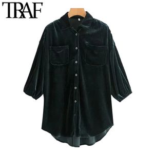 Kvinnor mode med fickor överdimensionerade sammet blouses vintage tre fjärdedel ärm button-up kvinnliga tröjor chic toppar 210507