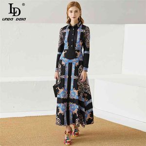 Lato Mody Designer Maxi Długa Dress Kobiety Koszula Collar Rękaw Kwiatowy Drukuj Czarny Vintage Dresses 210522