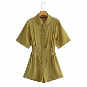 Kadınlar vintage aşağı aşağı yaka kısa kollu gömlek playsuits femme chic elastik bel rahat ince vestido 210531