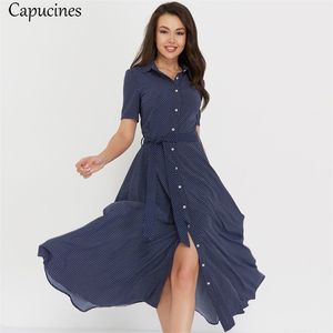 Кнопка Papucine Dot Print Рубашка платье лето с коротким рукавом поворотные воротничка рубашки линии повседневные MIDI платья Vestidos 210623