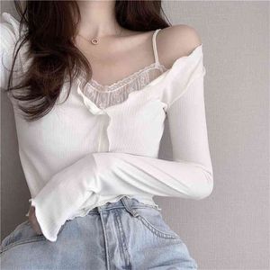 White Lace Fake Two Piece Suspender Long Sleeve T-shirt Women's Autumn Machine Sexy Off Shoulder Bottoming Shirt Short Top 210529