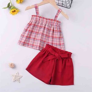 Conjuntos de ropa estilo verano Plaid Sling Top + Shorts 2 uds chico ropa niña para niñas 210528