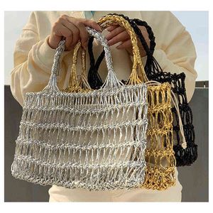 ショッピングバッグ自家製純粋なハンドウォーゲンビーチの女性ハイエンド夏の女性ハンドバッグかぎ針編みファッションのrattan財布woovenバッグ220301