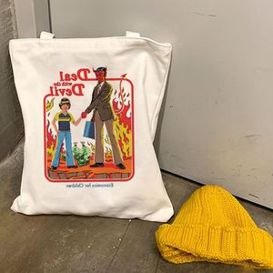 Wholesale vogue canvas bags for sale - Group buy Death Evil Devil Printing Casual Harajuku Female Shoulder Canvas Bag Ins Large Capacity Tote Vogue Reusable Ladies Shopping Bags