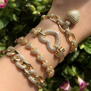 Luxus Gold Farbe Für Frauen Herz Anhänger Zirkonia Stein Punk s Armreifen Boho Kubanischen kette Armband Schmuck