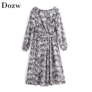 Stylish Fashion Zebra Print Midi Dress Women O-neck Long Sleeve Casual Bow Tie Split Vintage Printed es Vestidos 210515