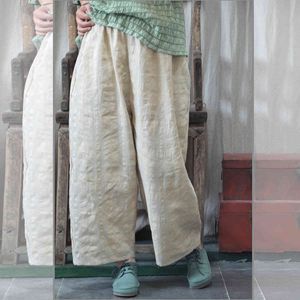 Johnature Vintage Women Wide Leg Pants Elastic Waist Linen Trouser Summer Pockets Original Female Soft Casual Pants 210521