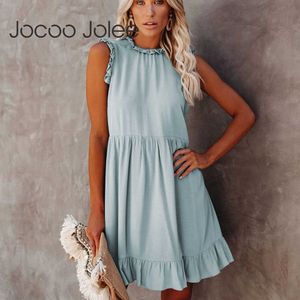 Jocoo Jolee Women Ruffles okrągły szyję z rękawów ramię Ruched Summer A-Line Casual Mini Dress Solid Podstawowa luźna impreza 210619