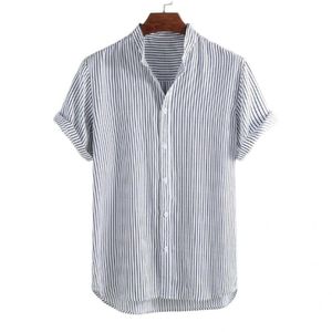 Erkekler için Casual Gömlekler Erkekler için Çizgili Yaz Standı Yaka Kısa Kollu Artı Boyutu Gömlek Camisa Masculina Chemise Homme