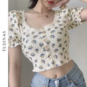 Yedinas Vintage Puff Sleeve Crop Tops Women Lace Button Short T Shirts Summer Floral Tee Harajuku Korean Style Tshirt Top 210527