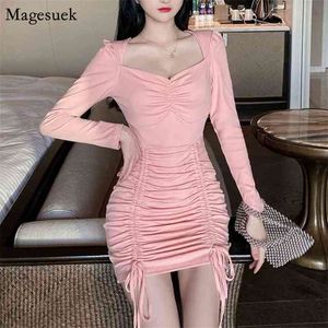 Höst Bomull Rosa Sexig Mini Dress Drawstring Bodycon Långärmad Pläterad Casual ES För Kvinnor Party Vestidos 12146 210512