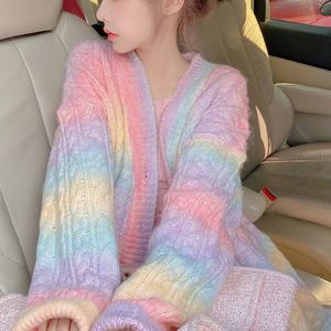 Regenbogen Gestrickte Strickjacken Frauen Herbst winter Süße Kawaii Pullover Mantel Weibliche Lange Koreanische Taste Unten Strickjacke Herbst 2021 Frauen