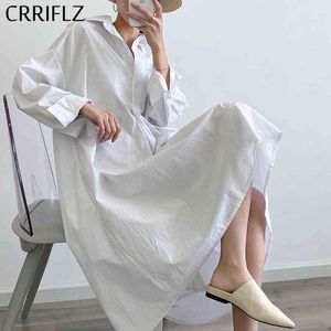 Moda de verão algodão solto camisa vestido mulheres casual de manga completa colarinho colarinho sólido médio vitela CRRiflz 210520
