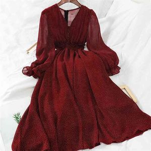 Autumn V Neck Polka Dot Slim Chiffon Dress Button Puff Sleeve High Waist Elegant Women Mid-calf Dress 210915