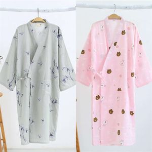 Lätta japanska bomullsror för kvinnor andas kimono pyjamas Yukata Gaze Lång klänning Sleepwear Lounge Loose Style 210831