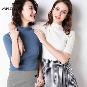 HWlzltzht damska kaszmirowa Turtleneck Krótki rękaw Dzianiny Pulower Tee Base T Sweter Wool Plus Size Women Jumper 210720