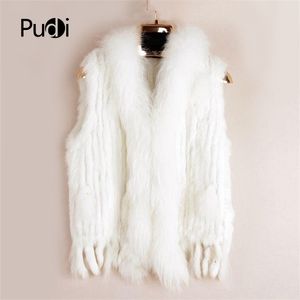VR001 Womens Natural Real Rabbit Fur Vest med Raccoon Fur Collar Waistcoat / Jackor Rex Kanin Stickad Vinter 211110