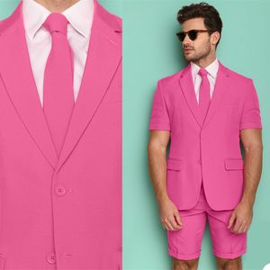 Sıcak Pembe Kısa Erkek Smokin Yaz Plaj Damat Erkekler Düğün Blazer Pantolon Takım Elbise İş Balo Parti (Ceket + Pantolon)