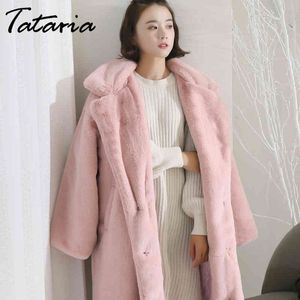 1 Winter Women Elegant Faux Rabbit Fur Coat for Long Loose Lapel Over Thick Warm Female Plush s 210514