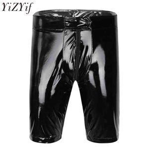 Yyzyif Black Męskie Seksowne Fetysz Tight Shorts Wet Look Boxer Short Spodnie Patent Skórzane Zippered Crotch Boxer Shorts H1210