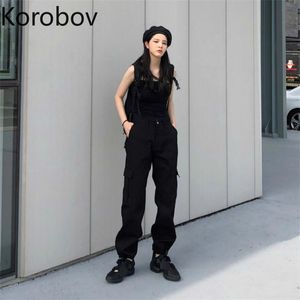 Korobov coreano vintage calças de carga sólida verão novo chique streetwear mulheres calças harajuku bolsos corredores 210430