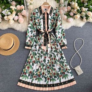 Spring Autumn A-line Dress For Women Retro Court Lady Lapel Long Sleeve Lace Up Waist Printed Elegant Clothes Vestidos 210428