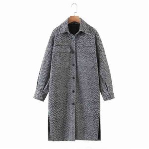 Merodi Women Winter Fashion Woolen Gray Za Coats Female Stylish Single Breasetd Thick Outwear Ladies Pockes Long Jackets Ovesize 210922