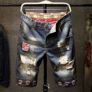 Streetwear homens rasgados calças de brim de verão Bermuda masculino macho buracos de vintage destruíram shorts de denim reto Plus tamanho 38 40 210713