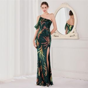 Party Dresses Women 2022 Elegant One Shoulder Floor Length Evening Dress Sexy Hight Slit Sequin Flower Maxi Vestidos