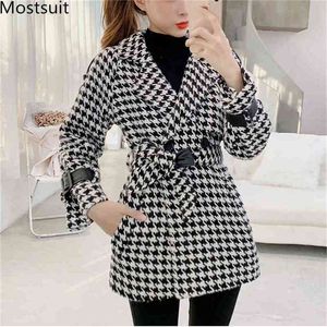 Houndstooth Korean Vintage Kvinnor Ullrockar Jackor Höst Vinterbälte Långärmad Turn-down Collar Elegant Office 210513