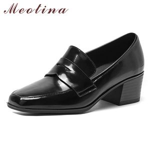 Meotina Kadınlar Hakiki Deri Yüksek Topuk Ayakkabı Bayanlar Kalın Topuklu Elbise Ayakkabı Kare Ayak Ayakkabı Kadın Siyah 43 210520