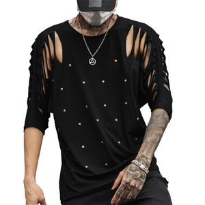 Sommar Mens Sexiga T Shirts Batwing Sleeves Hollow Nets Svart Färg Gay Tshirt Rock Style 210706