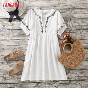 Tangada Kobiety Białe hafty Romantyczna bawełniana sukienka z krótkim rękawem Kobiety Mini Sukienki Vestidos 4T28 210609