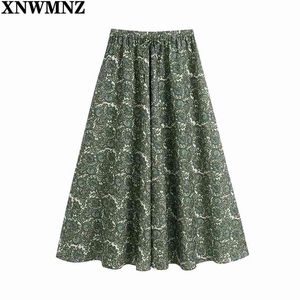 Kobiety Vintage Totem Floral Print Green Midi Spódnica Faldas Mujer Kobiet Chic Elastyczna Talii Party Vestido Marka Spódnice 210520