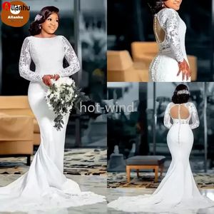 White Lace Plus Size Arabic Aso Ebi Beaded Mermaid Wedding Gowns 2022 Long Sleeves covered buttons Back african Bridal Party Dresses EE