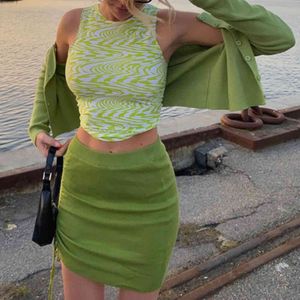 Fala Drukuj Cute Y2K Crop Top Kobiety Wiosna Lato Zielone Topy Wakacje Ubrania Rękawellim Podstawowa Kamizelka Harajuku Streetwear 2021 x0507