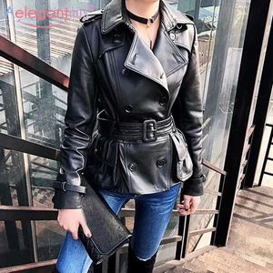 Aelegantmis mulheres outono preto falso jaquetas de couro faixas slim pu streetwear moto motocicler senhoras outerwear 210607