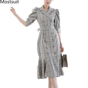夏の韓国の格子縞のダブルブレストロングマーメイドのドレス女性半袖ノッチ襟サッシオールスタイルビンテージvestidos 210518
