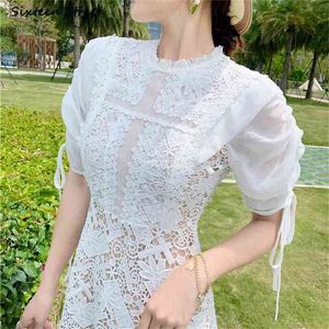 Vintage White Lace Dresses Woman Summer O-neck High Waist Party Clothing Elegant Luxury Long Female 210603